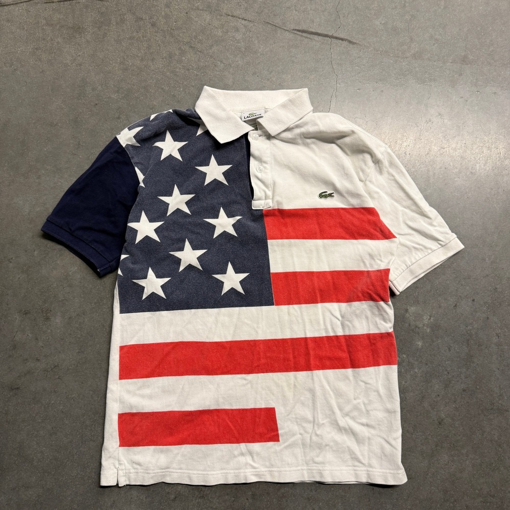 Lacoste Mens American Flag Polo Shirt White Red Blue Stars Stripes Size 5 L